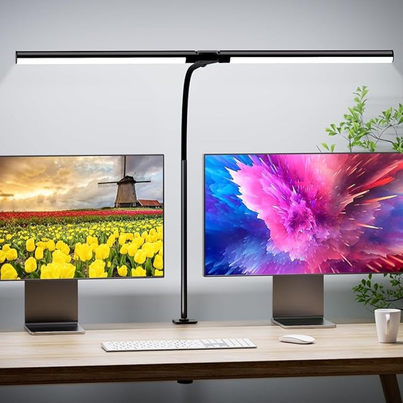 Quntis 80 cm Double Head Desk Lamp LED Gooseneck 15 W Clampable Dimmable Table Lamp for Eye Protection, Daylight Lamp with Touch Control, Monitor Lamp Clamp Light for Office, Home Office, PC