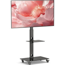 BONTEC TV Stand with Wheels for 30-70 inch Plasma/LCD/LED Screens up to 40 kg, 6 Height Adjustments with 2 Tier Tempered Glass Shelves, MAX VESA 600 x 400 mm