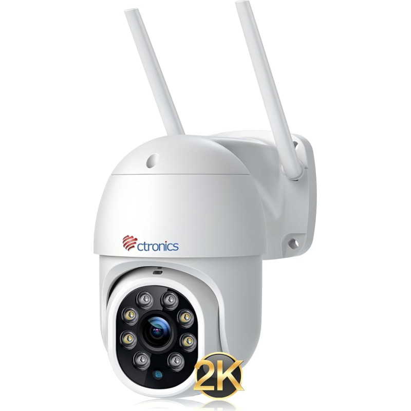 2.5K 4MP Outdoor WiFi Surveillance Camera, 2560 x 1440P ctronics PTZ 2.4/5GHz Dual Band WiFi IP Camera Outdoor with Automatic Tracking, Person Detection, 355°/90° Swivel, Coloured Night Vision, IP66