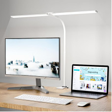Hensam LED laualamp kontorisse, päevavalguslamp monitorile, 1400 lm, timmitav, kinnitatav, töökoha valgus, liblikkael, topeltpea, 5 värvimoodust heledusastet, valge
