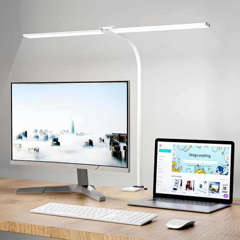 Hensam LED laualamp kontorisse, päevavalguslamp monitorile, 1400 lm, timmitav, kinnitatav, töökoha valgus, liblikkael, topeltpea, 5 värvimoodust heledusastet, valge
