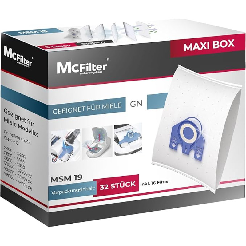 McFilter I 32 tolmuimeja kotid ühilduvad Miele tolmuimejaga GN seeria S2 S4 S5 S6 S8, Complete C2/C3, Classic C1 I tolmuimeja kotid koos 16 filtriga I Maxi karbis