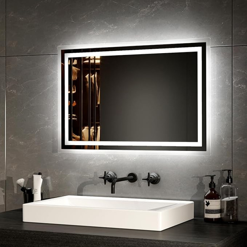 EMKE Vannitoa peegel koos valgustusega 40 x 60 cm LED Vannitoa peegel Anti-Fog Cool White Warm White Light Mirror Vannitoa peegel koos nupuvajutusega Kvaliteetne alumiiniumraam IP44 energiasäästu