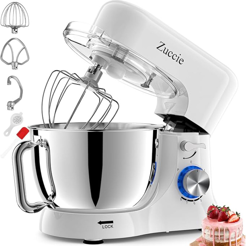 Zuccie Food Processor, Quiet Mixing Machine Including 5L Stainless Steel Bowl, 3 Mixing Tools, Splash Guard, Dough Scraper and Egg Separator, 8+P Speed Dough Machine (White)