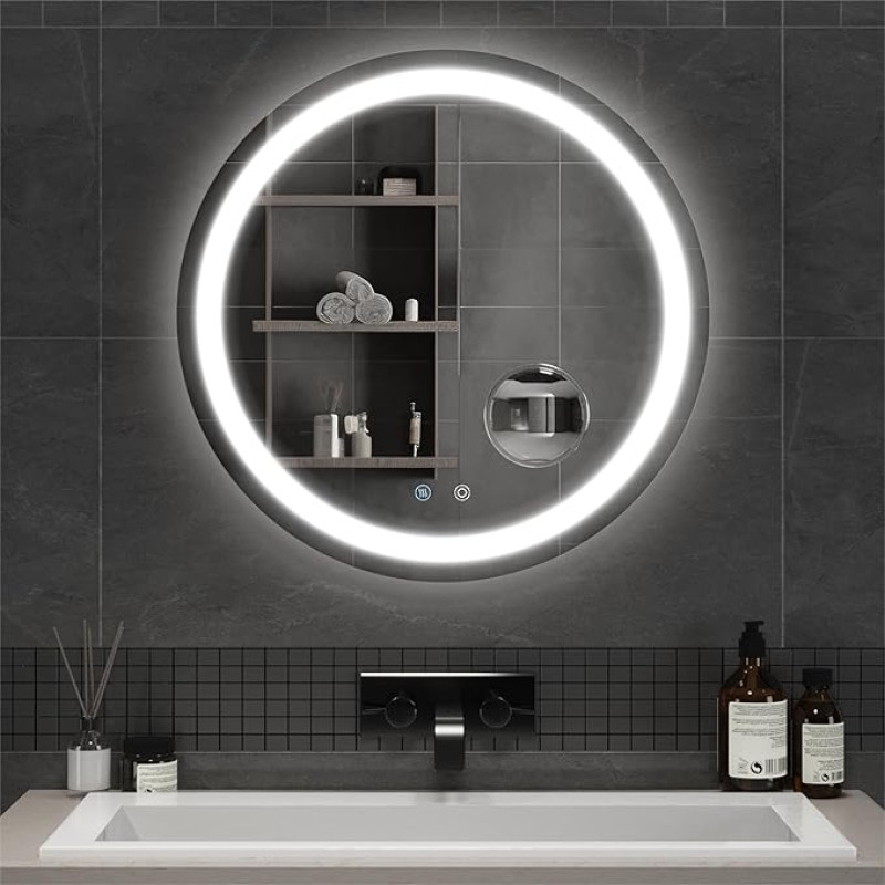 Mondeer LED Vannitoa peegel ümmargune 60 cm Vannitoa peegel valgustusega Puudutuslüliti ja uduvastane eemaldatav 5 x suurendusklaas eemaldatav 3 valgusvärvi timmitav vannitoa jaoks (3000 K - 6500 K)