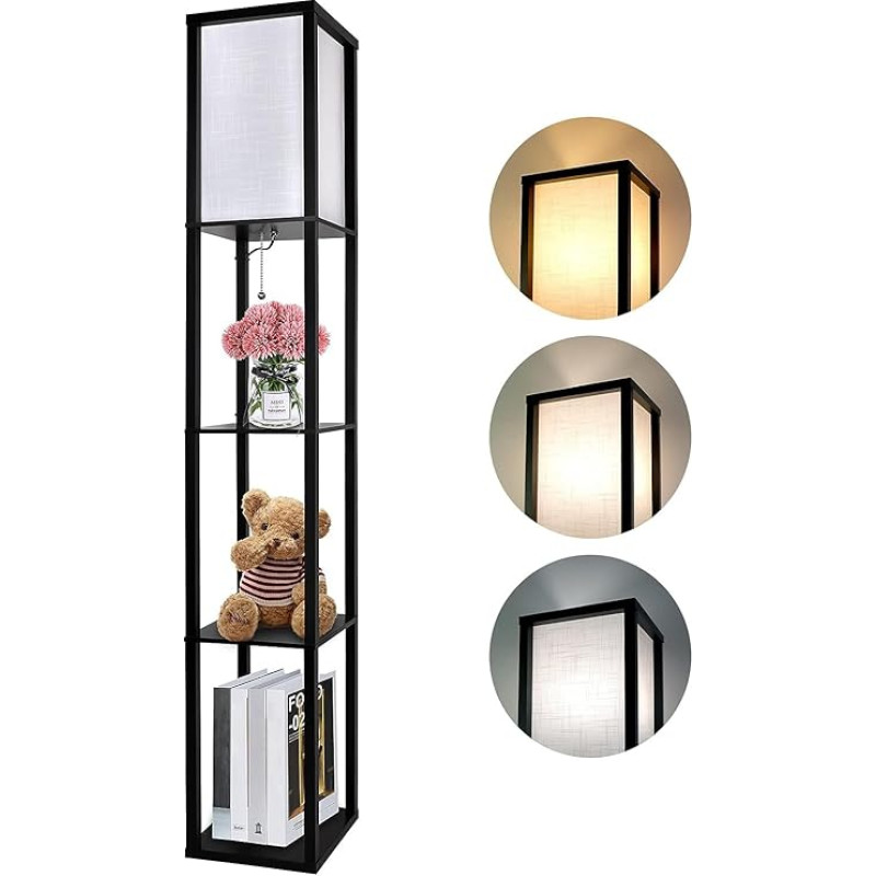 LED puidust põrandalamp, põrandalamp E27 lambiga (3000K-5000K), 1,62 m põrandalamp 3 puidust riiuliga, retro 3 värvitemperatuuri, öölamp lambivarjudega magamistuppa, elutuppa, kontorisse,