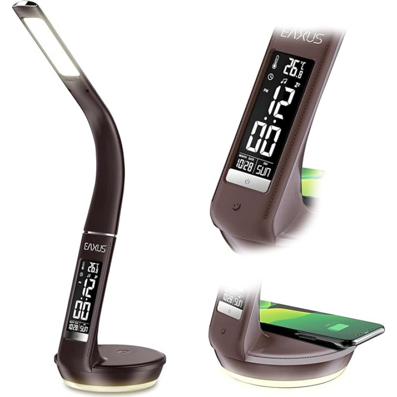 Eaxus® LED Desk Lamp with Charging Function, Touch Table Lamp with Display, Qi Wireless Charging Function, Clock & Thermometer