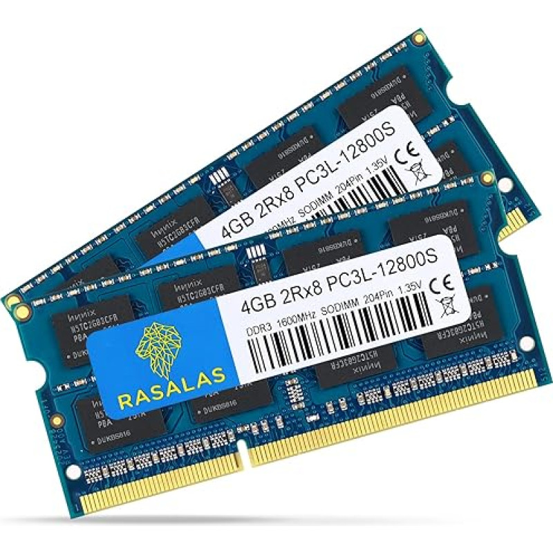 Rasalas 8GB Kit (2x4GB) PC3-12800 DDR3L 1600MHz RAM SODIMM, 4GB 2Rx8 PC3L-12800S DDR3 1600 1.35V 204-Pin CL11 Upgrade Rank Laptop Memory Module