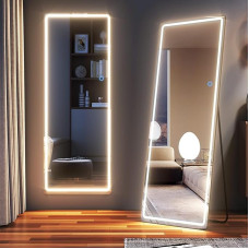 LVSOMT 153 x 50 cm Full Length Mirror with LED Lighting, Freestanding Floor Mirror, Wall Mirror, Illuminated Cosmetic Mirror, Large Full Size Mirror, Standing Mirror for Bedroom (Black)