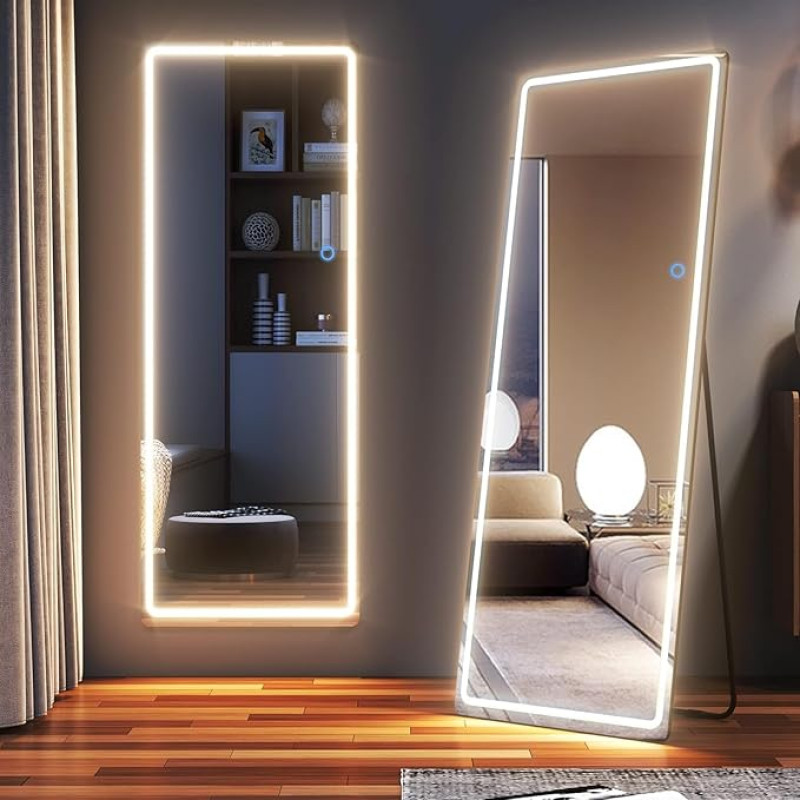 LVSOMT 153 x 50 cm Full Length Mirror with LED Lighting, Freestanding Floor Mirror, Wall Mirror, Illuminated Cosmetic Mirror, Large Full Size Mirror, Standing Mirror for Bedroom (Black)