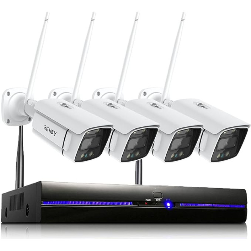 REIGY 3MP WLAN Outdoor Surveillance Camera Set with Floodlight, 10CH Wireless NVR Surveillance System + 4 x 1296P Camera Wireless, Two-Way Audio Motion Detection Coloured Night Vision No Hard Drive