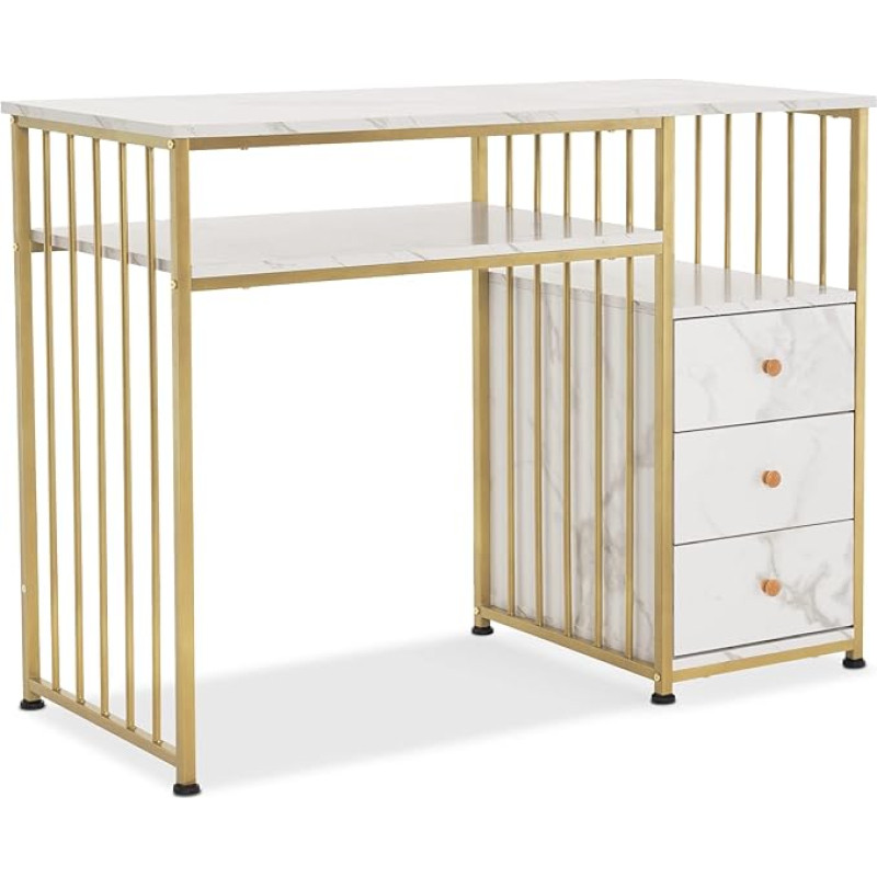 M MCombo 2407 Desk with Drawers, Dressing Table without Mirror Marble White Gold, Nail Table Made of Wood, Metal Frame, Computer Desk Living Room Modern, 109 x 45.5 x 81 cm