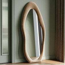 Terve keha peegel, 160 x 60 cm, seisev peegel, asümmeetriline kõver põrandapeegel, suur, flanelliga ümbritsetud puidust raamiga (piimatee), rippuv/kalduva, poolringikujulise peegliga magamistoas.