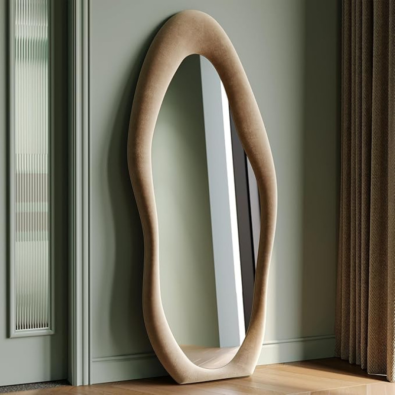 Terve keha peegel, 160 x 60 cm, seisev peegel, asümmeetriline kõver põrandapeegel, suur, flanelliga ümbritsetud puidust raamiga (piimatee), rippuv/kalduva, poolringikujulise peegliga magamistoas.