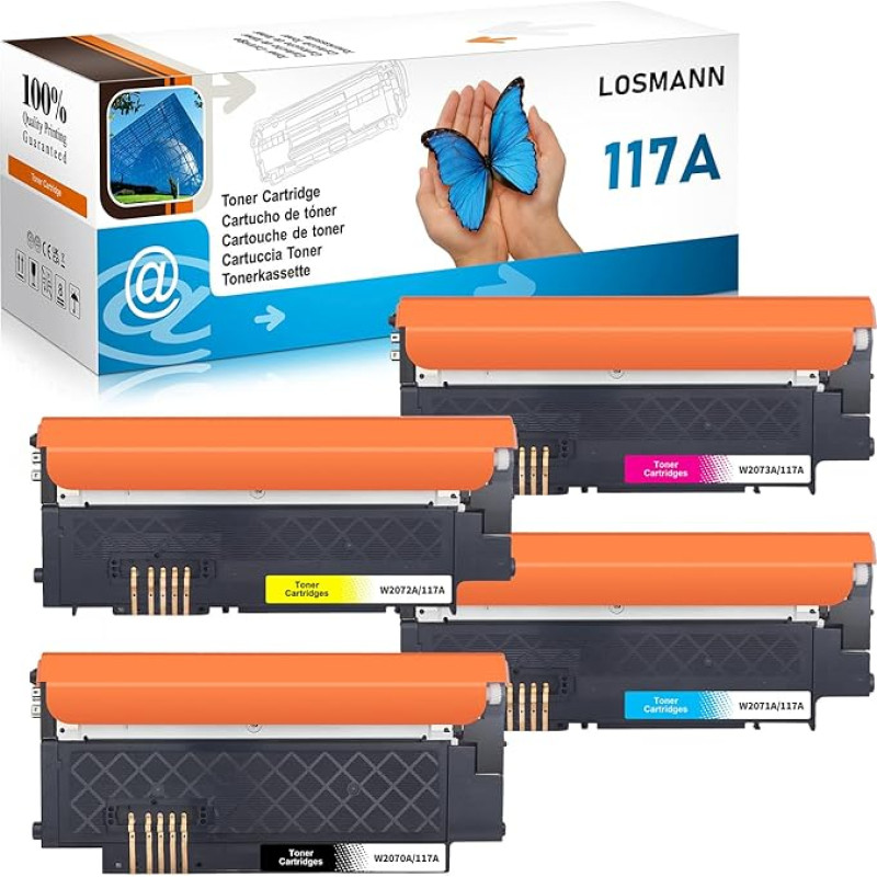 LOSMANN 117A toonerikomplekt, mis on ühilduv HP 117A tooneriga koos kiibiga HP värvilaserile 150a 179fwg 178nwg 179fnw 178nw 150nw 178 179 W2070A W2071A W2072A W2073A (must tsüaane kollane magenta 4-pakk).