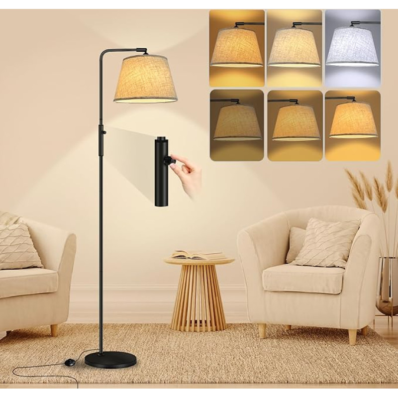 Fortand LED Floor Lamp, Dimmable, Modern Floor Lamp, Living Room, Arc Lamp with 3 Colour Temperatures, 3000 K - 6500 K & Continuous Brightness, 9 W Floor Lamp with Fabric Shade, Reading Lamp, Rotary