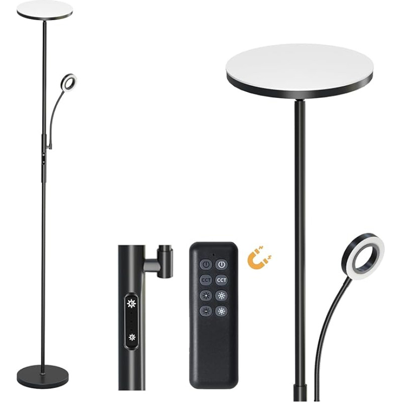 Modlicht 35 W Floor Lamp LED Dimmable Black, 4200 LM Floor Lamp Reading Lamp with Remote Control & Touch Control, 3000-6000 K Uplighter LED with Reading Lamp, Floor Lights for Living Room, Bedroom,