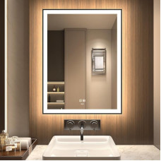 GANPE LED Bathroom Mirror, Makeup Cosmetic Mirror, Wall Mounted, Large Modern Frameless Illuminated Mirror, Anti-Fog + IP44 Waterproof + Vertical & Horizontal (80 x 60 cm)
