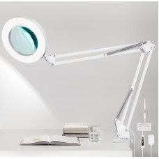5 x Magnifying Lamp, LED Desk Lamp with Clamp and Adjustable Arm - Dimmable & 3 Colour Modes Magnifying Glass with Light, 4.1 Inch Diameter Glass Lens Cosmetic Lamp for Reading/Office/Work (White)