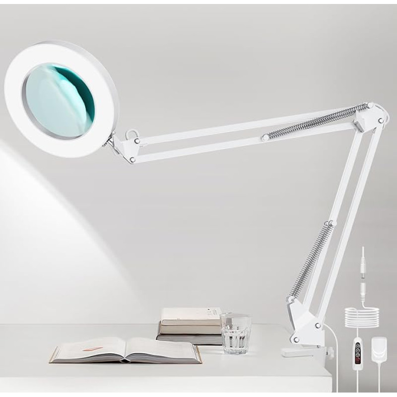 5 x Magnifying Lamp, LED Desk Lamp with Clamp and Adjustable Arm - Dimmable & 3 Colour Modes Magnifying Glass with Light, 4.1 Inch Diameter Glass Lens Cosmetic Lamp for Reading/Office/Work (White)