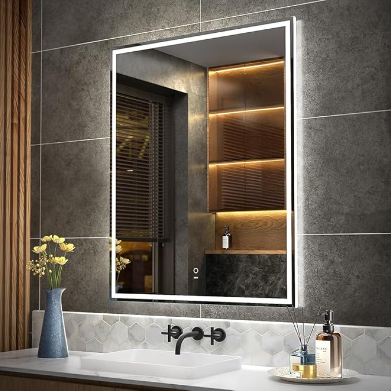 KWW 80 x 100 cm LED Bathroom Vanity Mirror, Anti-Fog Dimmable Lights, Horizontal/Vertical Wall Mounted Makeup Mirror with Smart Touch Button