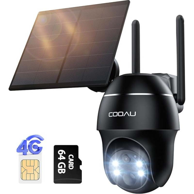 COOAU 4G LTE Surveillance Camera Outdoor Battery with SIM Card + 64GB Card Memory + Solar Panel, Camera Surveillance LTE, 2K Wireless Solar Camera Outdoor with Colour Night Vision, PIR Person