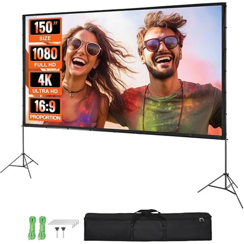 VEVOR projektsiooniprojektori ekraan koos statiiviga 150-tolline HD 4K väli- ja siseruumide projektori ekraan kiire kokkupandav kaasaskantav filmiekraan 16: 9 kodukino, telkimise ja vaba aja ürituste jaoks mustana