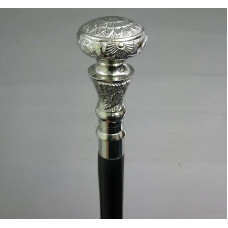 Walking Stick with Silver floral Decorated Knob and Black Shaft