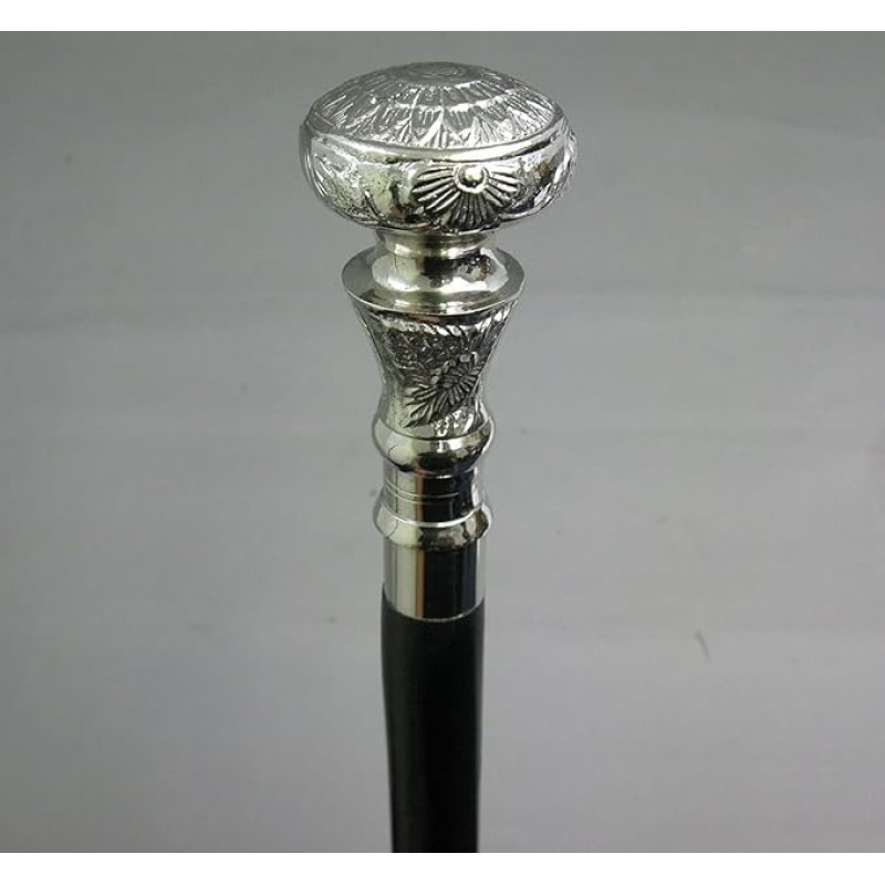 Walking Stick with Silver floral Decorated Knob and Black Shaft