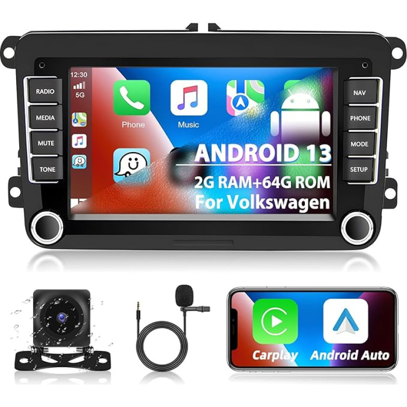 Podofo 2+64G autoraadio VW Golf 5 6 Polo Seat Skoda juhtmevaba Carplay Android autole, 7-tolline Android 13 autoraadio ekraaniga, Bluetooth, WiFi, GPS, RDS + tagurduskaamera ja mikrofoniga