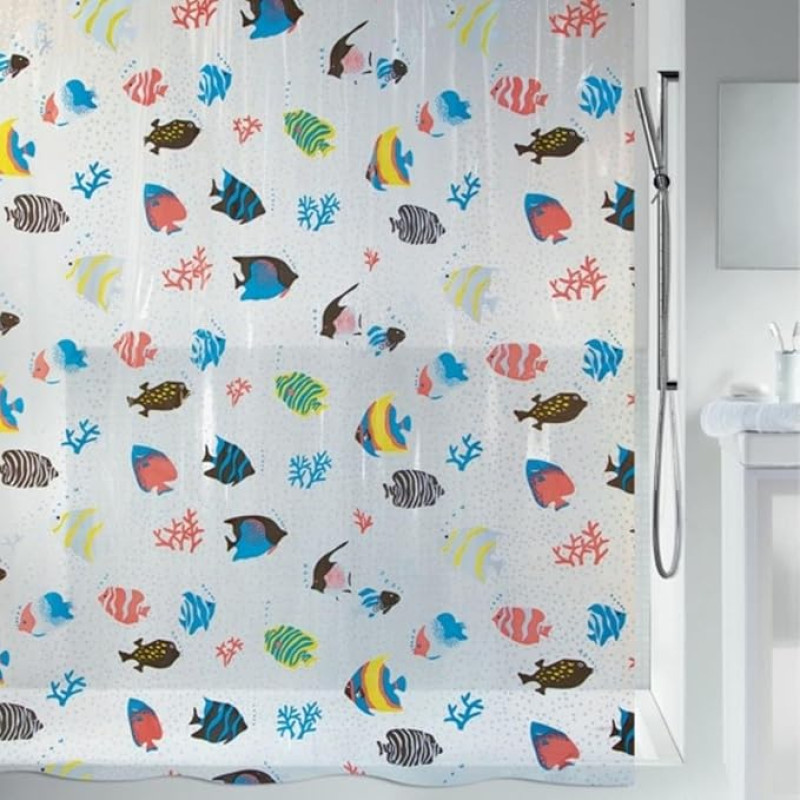 Spirella Fish PEVA läbipaistev plastist dušikardin, 180 x 200 cm, sinine/oranž/ kollane/must/ roheline