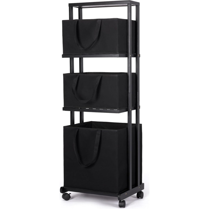 Yorbay Bamboo Laundry Basket with Wheels, Laundry Sorter with 4 Levels, Bathroom Shelf with 3 Storage Baskets, Laundry Basket, Laundry Basket for Bathroom, 121 x 34 x 42 cm (Black)