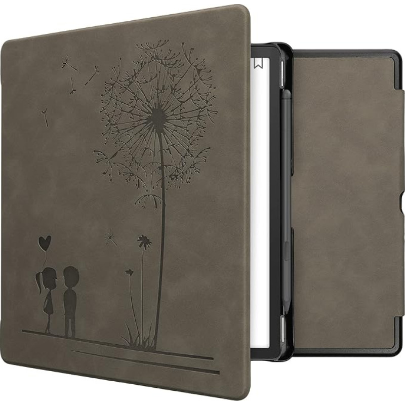 kwmobile Protective Case Compatible with Amazon Kindle Scribe - Faux Leather eReader - Dandelion Love Grey