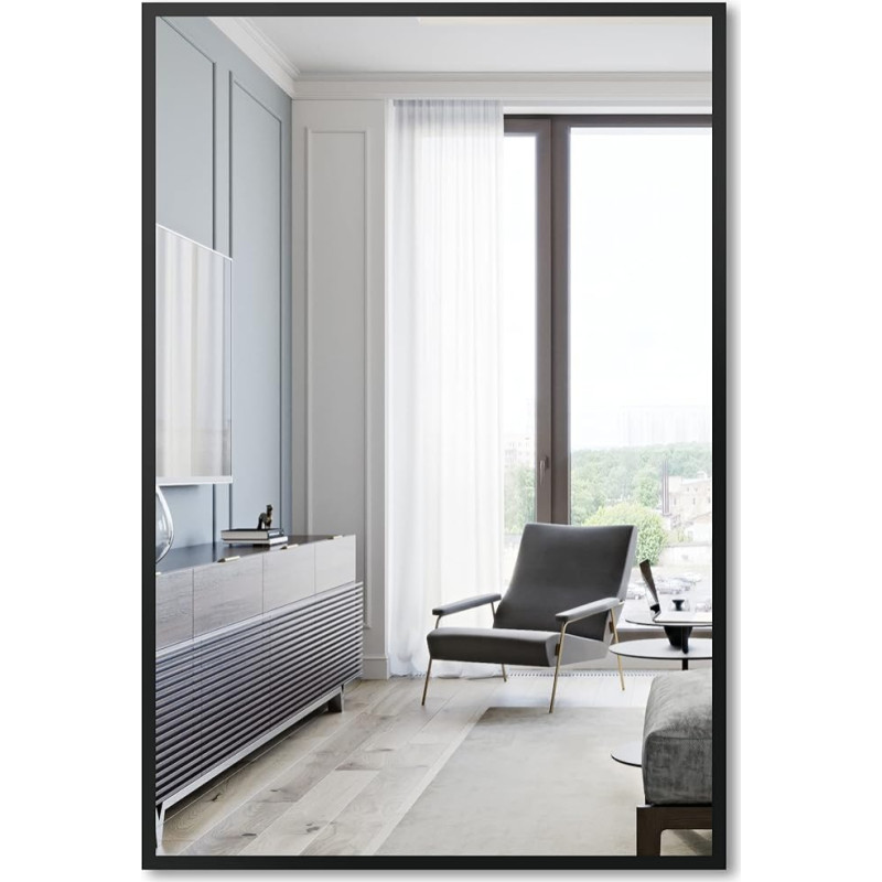 WOWINNE Wall Mirror Black 50 x 70 cm Rectangular Wall Mirror Horizontal or Vertical Hanging in Bedroom, Bathroom or Living Room