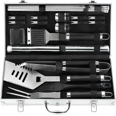 Poligo Stainless Steel Barbecue Accessory Set in Barbecue Cutlery Case Perfect Father's Day Gift for Dad Camping BBQ Grill Accessory Kit with Grill Mat Ideal Birthday Gift for Men 21-Piece