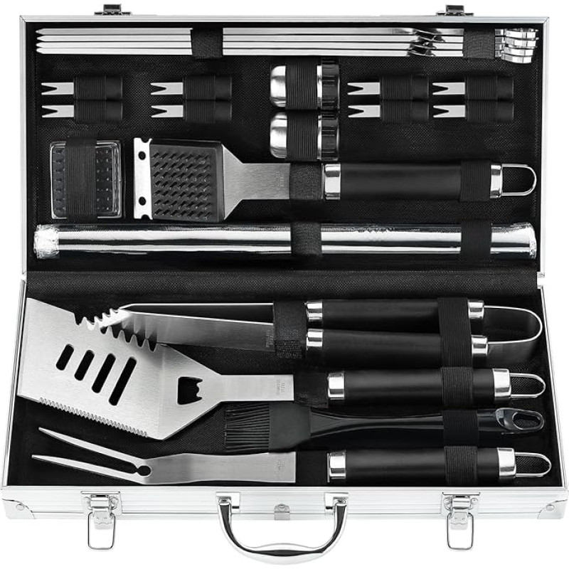 Poligo Stainless Steel Barbecue Accessory Set in Barbecue Cutlery Case Perfect Father's Day Gift for Dad Camping BBQ Grill Accessory Kit with Grill Mat Ideal Birthday Gift for Men 21-Piece