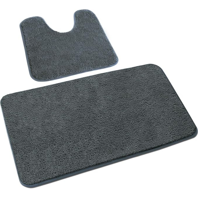 Rururug Bathroom Rug Set, 2 Pieces, Soft Microfibre Bathroom Mat and Toilet Rug with Cut-Out, Non-Slip Bath Mat, Washable Bath Mat Set, Grey, 50 x 80 + 50 x 40 cm