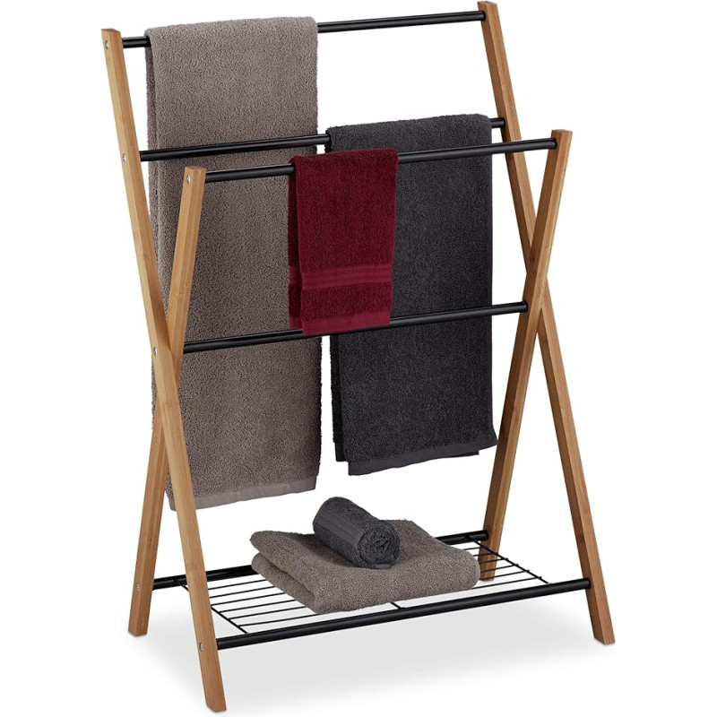 Relaxdays Standing Towel Rail, 4 Towel Rails, Bathroom Shelf, Metal, Bamboo, HBT 87 x 60.5 x 37.5 cm, Black/Natural