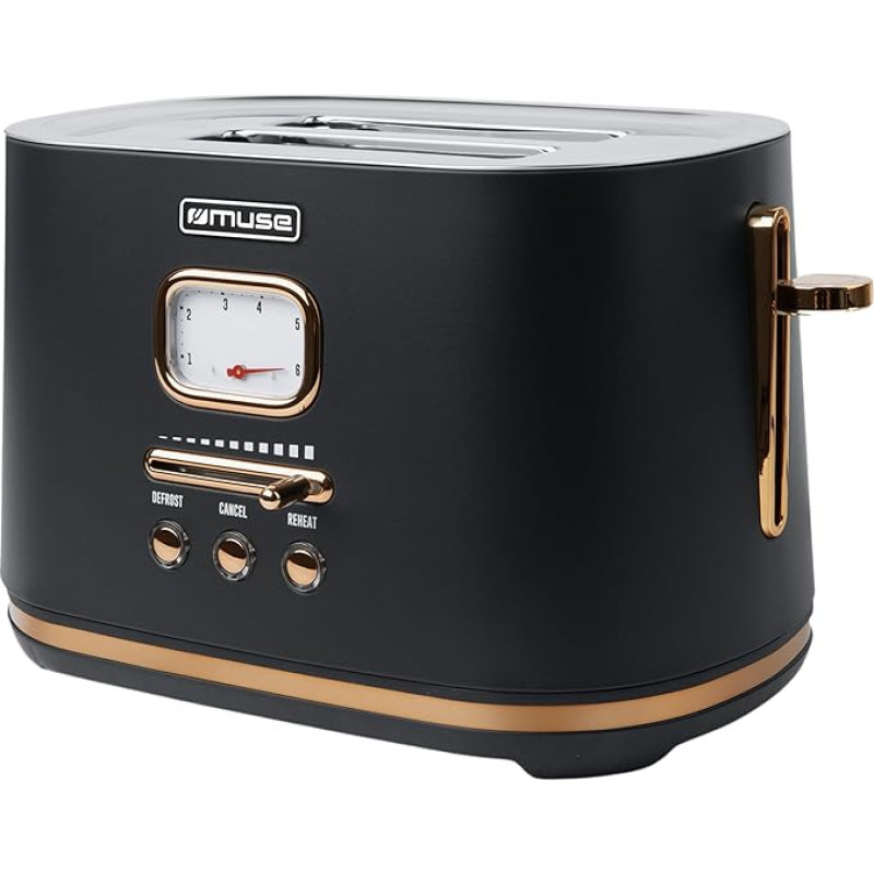 Muse Stainless Steel Toaster in Black Retro Design, Analogue Display, Illuminated Buttons, 6 Browning Levels, 2 Slices, MS-130 BC, Vintage Look, with Crumb Drawer