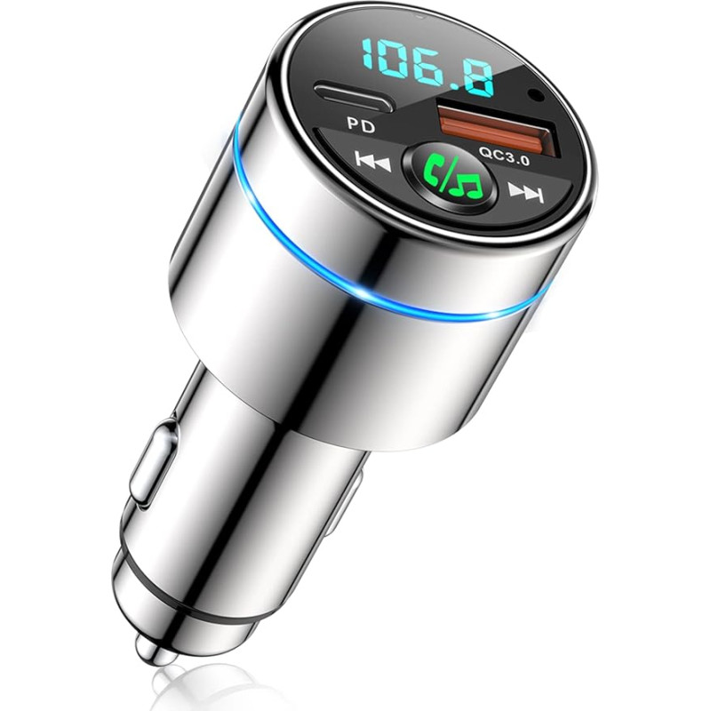 Mohard FM Transmitter Car Bluetooth 5.3, All-Metal PD 30 W & QC3.0 18 W Fast Car Charger, Cigarette Lighter, Car Bluetooth Adapter, Car Hands-Free System, Noise Cancelling Microphone, Ring Light