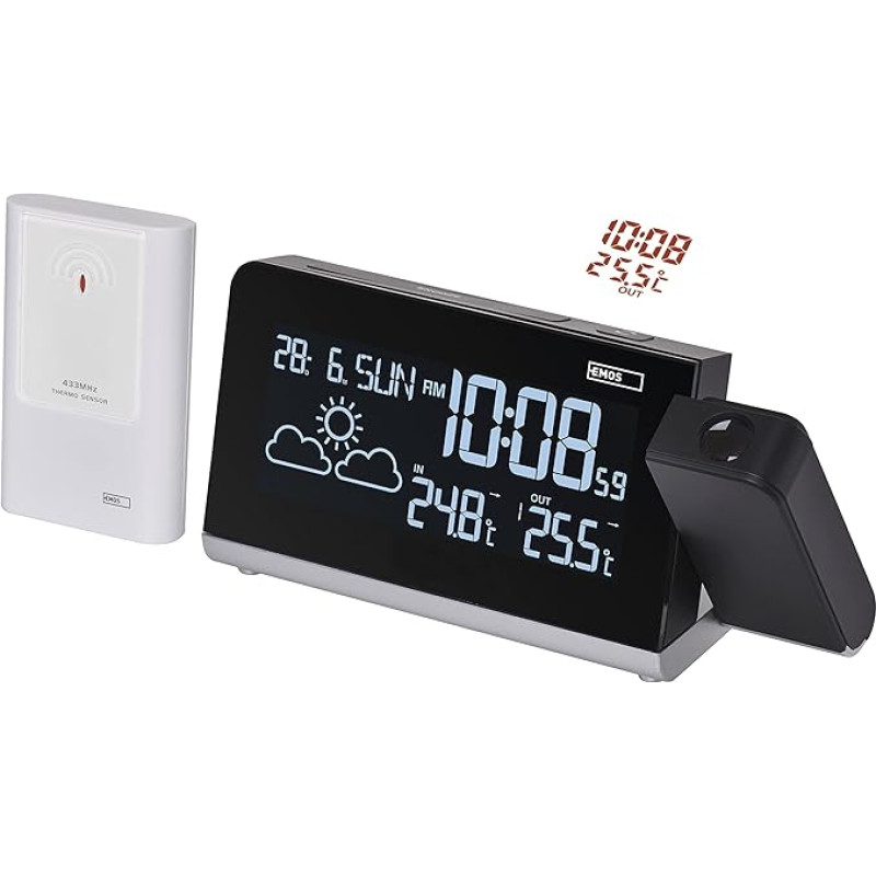 EMOS Wireless Weather Station with Projection, Outdoor Sensor, VA Display and Projector, Clock, Temperature, Thermometer, 2x Alarm Clock, Calendar, Memory with Min/Max Temperature