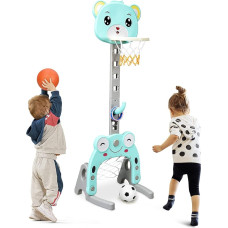 GOPLUS 3-in-1 Sports Activity Centre, Basketball Hoop & Football Goal & Ring Game, Height Adjustable Basketball Stand with Basketball & Football & Rings, Includes Air Pump