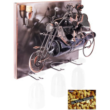 BRUBAKER Wine Bottle Holder Couple on a Motorcycle - Wall Art Picture Metal - with 3 Glass Holders - Includes Greeting Card for Wine Gift