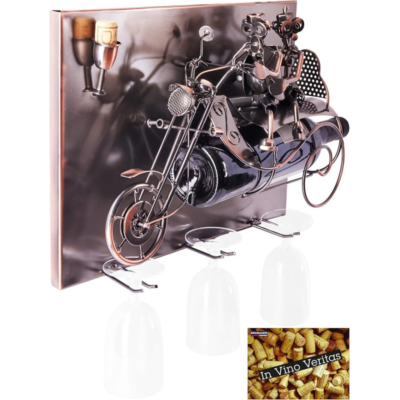 BRUBAKER Wine Bottle Holder Couple on a Motorcycle - Wall Art Picture Metal - with 3 Glass Holders - Includes Greeting Card for Wine Gift