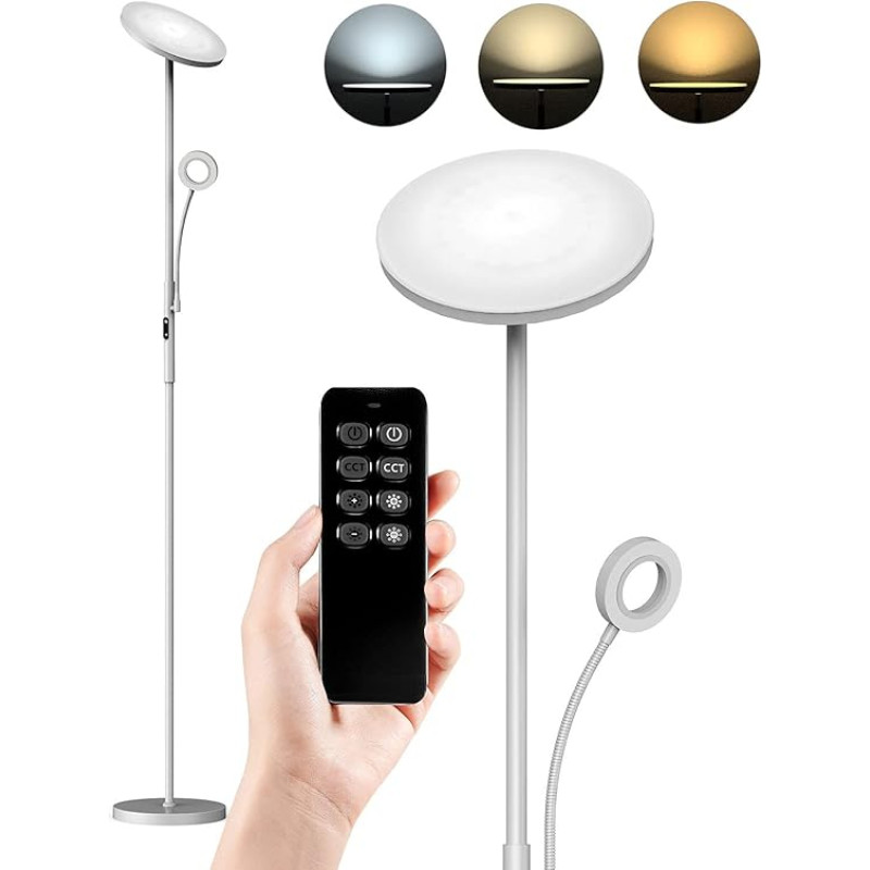 Anten København Floor Lamp LED Dimmable 30 W Uplighter with 5 W Reading Lamp 3000-6000 K Floor Lamp for Living Room with Remote Control and Touch Control, LED Floor Lamp for Bedroom and Office, Silver
