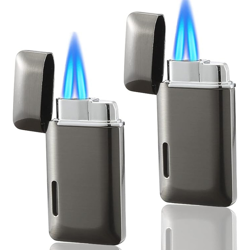 Futlidys Pack of 2 väikest tuulekindlat tulemasinat, Double Jet Flame gaasitulestik nähtava aknaga, korduvtäidetav ja reguleeritav butaanist tulemasin, kingitused meestele ja naistele, ei ole gaasi. (Hall)
