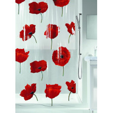 Spirella Poppy Cinnibar PEVA plastikust läbipaistev dušikardin moonilillemustriga, 180 x 200 cm, punane
