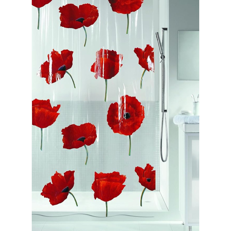 Spirella Poppy Cinnibar PEVA plastikust läbipaistev dušikardin moonilillemustriga, 180 x 200 cm, punane