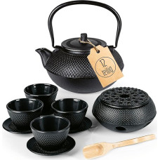 Lumaland Tea set of 12. Cast Iron black hobnail tetsubin Teapot (1,4 liter): 4 Tea Cups and Saucer Set with Bamboo dosing scoop