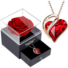 Eternal Rose Box, Infinity Roses with Women's Chain, Preserved Red Rose, Real Rose Gift, 925 Sterling Silver Women's Crystal Heart Necklace, Women's Pendant Gift for Valentine's Day, Christmas,